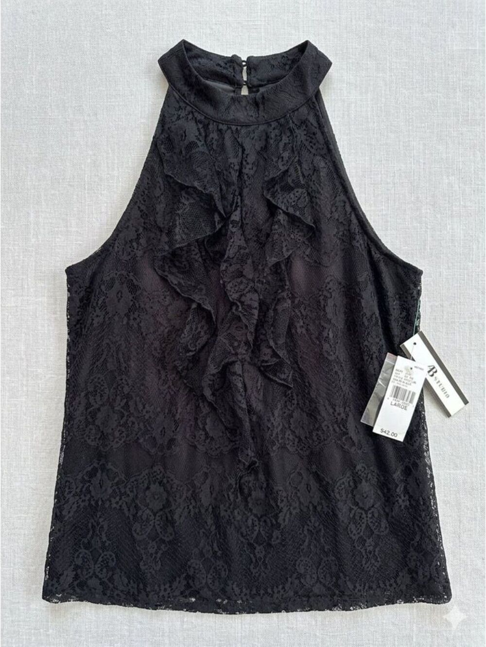 AB Studio "Sheer Bliss" Brand New With Tags (NWT) Black Lace Halter Top